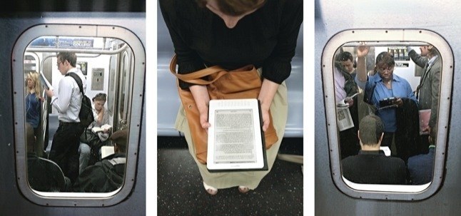 Three shots of people reading on their Kindle while travelling in the metro