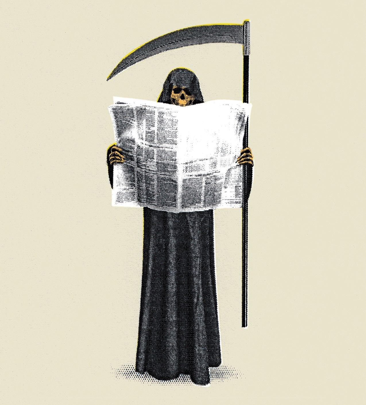 a soul reaper biting a newspaper